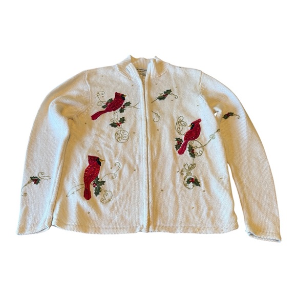Tiara International Red Cardinal & Holly Embellished Cardigan Sweater Medium - Picture 3 of 12